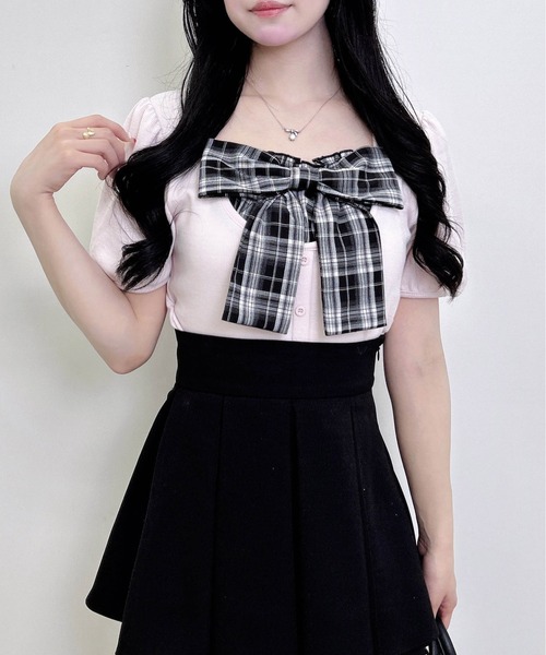 INGNI(イング)の「チェックリボンレイヤード風リブトップス(Tシャツ/カットソー・レディース・ブラック/ライトピンク/オフホワイト・M)」の20枚目の写真