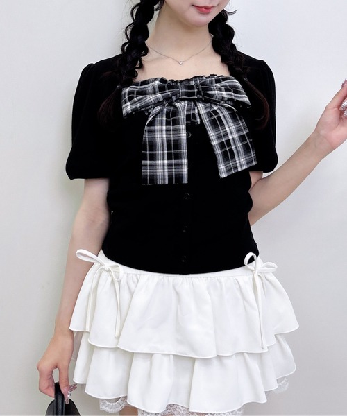 INGNI(イング)の「チェックリボンレイヤード風リブトップス(Tシャツ/カットソー・レディース・ブラック/ライトピンク/オフホワイト・M)」の11枚目の写真