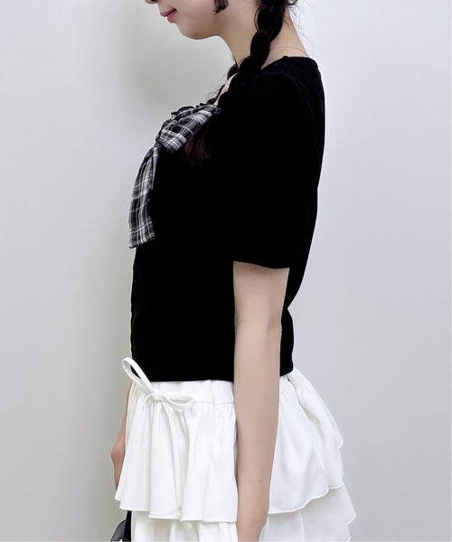 INGNI(イング)の「チェックリボンレイヤード風リブトップス(Tシャツ/カットソー・レディース・ブラック/ライトピンク/オフホワイト・M)」の13枚目の写真