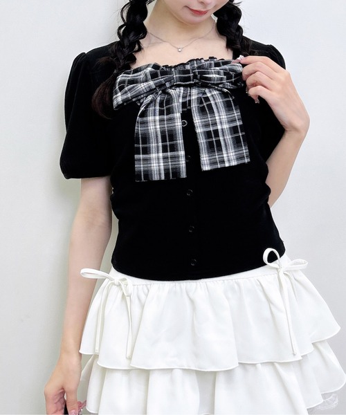 INGNI(イング)の「チェックリボンレイヤード風リブトップス(Tシャツ/カットソー・レディース・ブラック/ライトピンク/オフホワイト・M)」の10枚目の写真