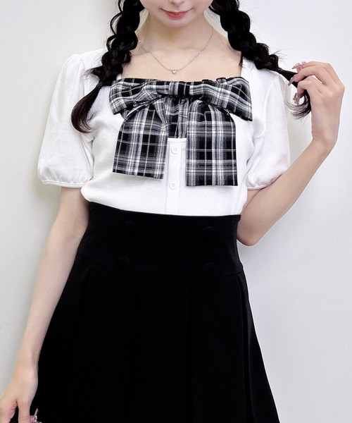 INGNI(イング)の「チェックリボンレイヤード風リブトップス(Tシャツ/カットソー・レディース・ブラック/ライトピンク/オフホワイト・M)」の4枚目の写真