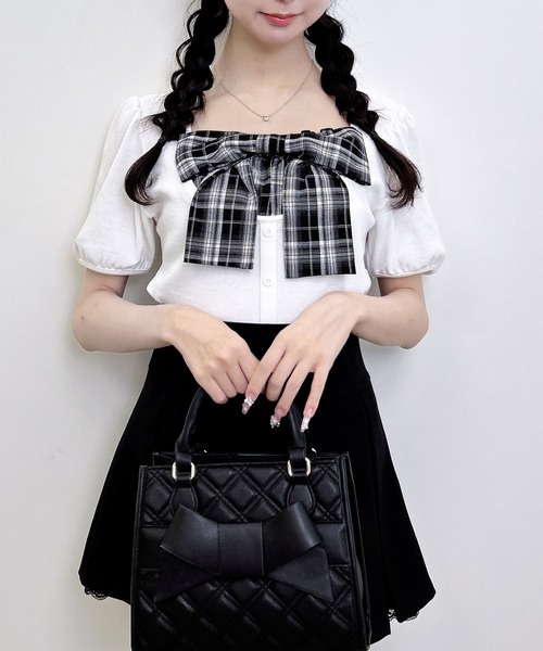 INGNI(イング)の「チェックリボンレイヤード風リブトップス(Tシャツ/カットソー・レディース・ブラック/ライトピンク/オフホワイト・M)」の5枚目の写真