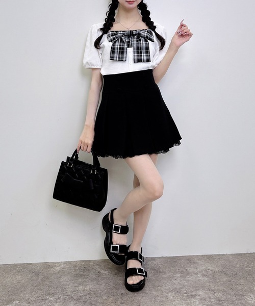 INGNI(イング)の「チェックリボンレイヤード風リブトップス(Tシャツ/カットソー・レディース・ブラック/ライトピンク/オフホワイト・M)」の9枚目の写真