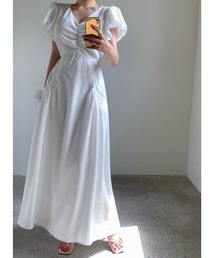 Vネックパフスリーブハイウエストワンピース