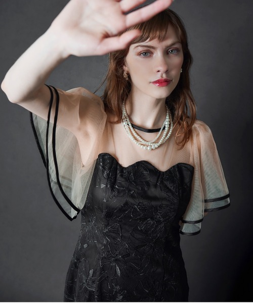 My shawty(マイシャウティー)の「flare sleeve lace dress(ドレス・レディース・ブルーグレー/ブラック×ベージュ・FREE)」の1枚目の写真