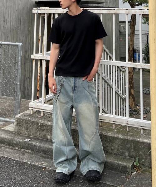 Chikashitsu +（チカシツプラス）の「【Chikashitsu +】wave curved denim pants / 【チカシツプラス】ウェーブカーブデニムパンツ（デニムパンツ・メンズ・ライトブルー・M/S/L）」の7枚目の写真