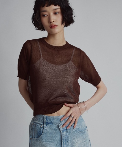 W:Huku(フーク)の「【W:Huku / バイカラーシャイニーニット】シアー ハーフスリーブ トップス(ニット/セーター・レディース・オレンジ/オフホワイト/ベージュ/ブラウン/チャコール・FREE)」の3枚目の写真