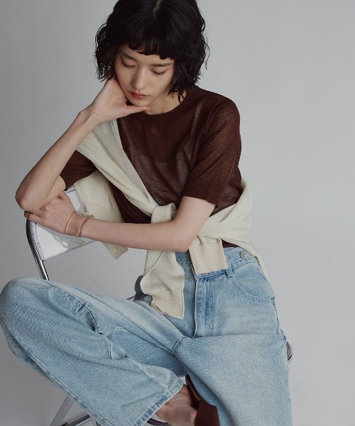 W:Huku(フーク)の「【W:Huku / バイカラーシャイニーニット】シアー ハーフスリーブ トップス(ニット/セーター・レディース・オレンジ/オフホワイト/ベージュ/ブラウン/チャコール・FREE)」の7枚目の写真