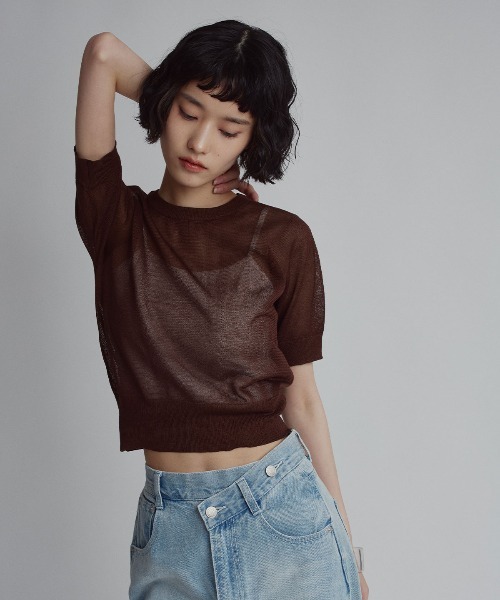 W:Huku(フーク)の「【W:Huku / バイカラーシャイニーニット】シアー ハーフスリーブ トップス(ニット/セーター・レディース・オレンジ/オフホワイト/ベージュ/ブラウン/チャコール・FREE)」の20枚目の写真