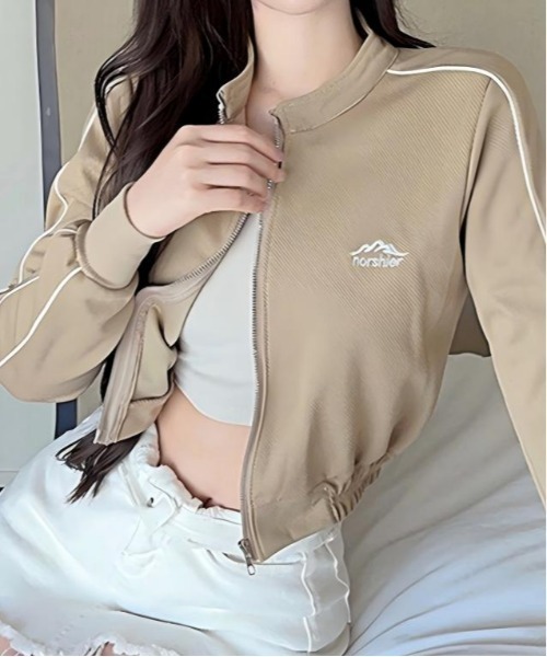 SEU(エスイーユー)の「ショート丈 サイドラインクロップドトラックジャケット 長袖 ブルゾン 【オフィスカジュアル】【きれいめカジュアル】 レディース韓国風 春秋(ブルゾン・レディース・ベージュ/ブラック・フリー)」の1枚目の写真
