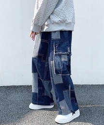 【FVLMEN】remake patch work stitch cut off fringe pocket cargo denim Pants/リメイク パッチワーク ステッチ カットオフ フリンジ ポケット カーゴ デニム パンツ