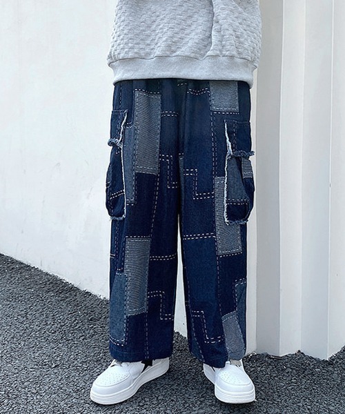 FVLMEN(フルメン)の「【FVLMEN】remake patch work stitch cut off fringe pocket cargo denim Pants/リメイク パッチワーク ステッチ カットオフ フリンジ ポケット カーゴ デニム パンツ(デニムパンツ・メンズ・ブルー/ブラック・X-LARGE/MEDIUM/LARGE)」の8枚目の写真