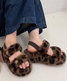 厚底 プラットフォーム ゴールドパーツ バックバンド ファーサンダル