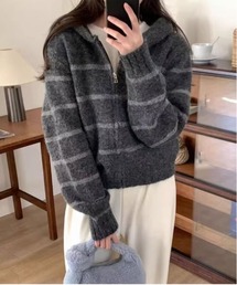 フード付きボーダー柄ニットトップス