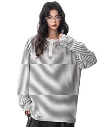【neos】細ピッチ ボーダー ボタン 配色 切替 ヘンリーネック 長袖 Tシャツ カットソー リラックスフィット プルオーバー メンズ レディース ユニセックス 2026秋冬