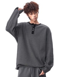 【neos】細ピッチ ボーダー ボタン 配色 切替 ヘンリーネック 長袖 Tシャツ カットソー リラックスフィット プルオーバー メンズ レディース ユニセックス 2026秋冬