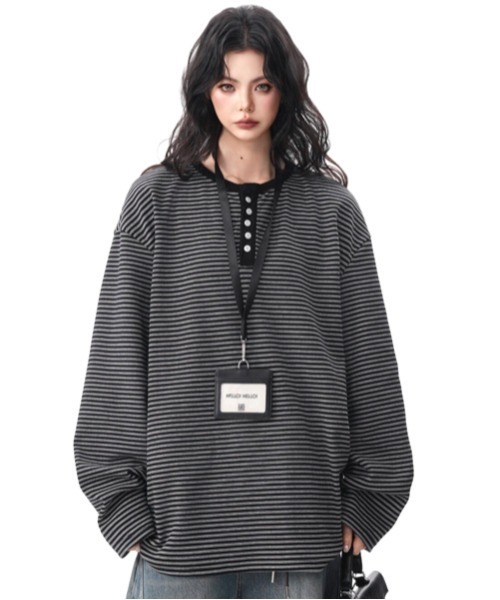 neos(ネオス)の「【neos】細ピッチ ボーダー ボタン 配色 切替 ヘンリーネック 長袖 Tシャツ カットソー リラックスフィット プルオーバー メンズ レディース ユニセックス 2026秋冬(Tシャツ/カットソー・メンズ・ブラック/ホワイト/グレー・X-LARGE/MEDIUM/LARGE)」の18枚目の写真