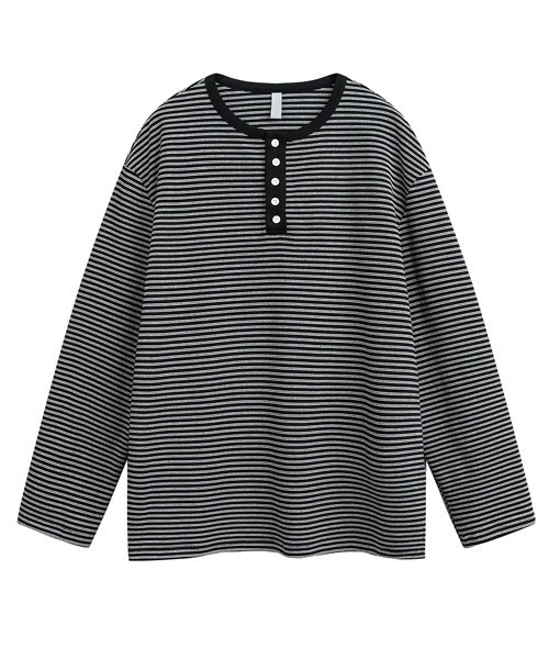 neos(ネオス)の「【neos】細ピッチ ボーダー ボタン 配色 切替 ヘンリーネック 長袖 Tシャツ カットソー リラックスフィット プルオーバー メンズ レディース ユニセックス 2026秋冬(Tシャツ/カットソー・メンズ・ブラック/ホワイト/グレー・X-LARGE/MEDIUM/LARGE)」の19枚目の写真