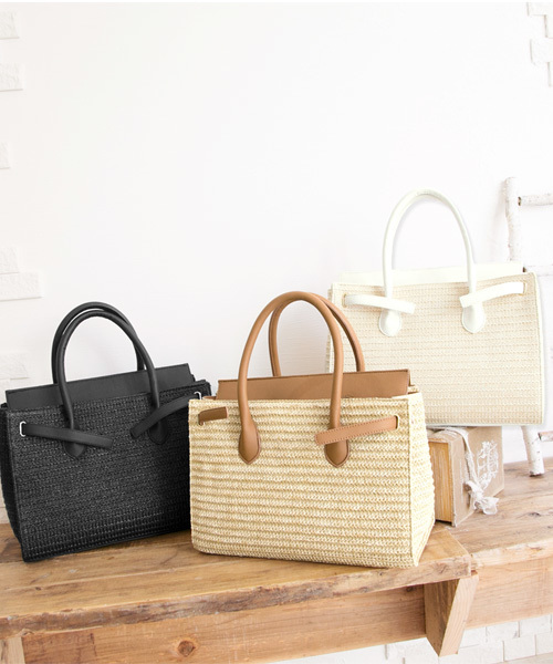 KOBE LETTUCE（コウベレタス）の「A4サイズOK♪Dailyにも旅行にも○今話題の上品バッグ！[ 裏地つき ]フラップ付きかごバッグ/レディース/神戸レタス/トートバッグ[B940]（かごバッグ・レディース・ブラック/キャメル/オフホワイト/ブラウン/ベージュ/ネイビー・FREE）」の2枚目の写真