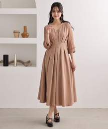 結婚式 ワンピースドレス 袖あり と ロング タック デザイン 大きいサイズ フォーマル オケージョンドレス 20代 30代 40代 50代 お呼ばれ 二次会 成人式 同窓会 謝恩会