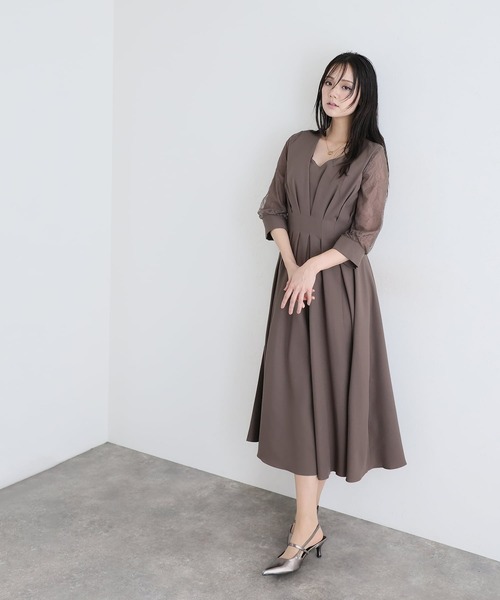 PourVous(プールヴー)の「結婚式 ワンピースドレス 袖あり と ロング タック デザイン 大きいサイズ フォーマル オケージョンドレス 20代 30代 40代 50代 お呼ばれ 二次会 成人式 同窓会 謝恩会(ドレス・レディース・ネイビー/グリーン/ピンク/グレー/グレイッシュブルー/ベージュ/ブラウン系その他・M/L/XL/XXL/4L/S)」の14枚目の写真