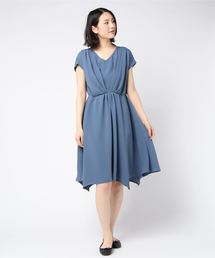 サテンウエストタックイレヘムロングVネックワンピース