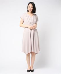 サテンウエストタックイレヘムロングVネックワンピース