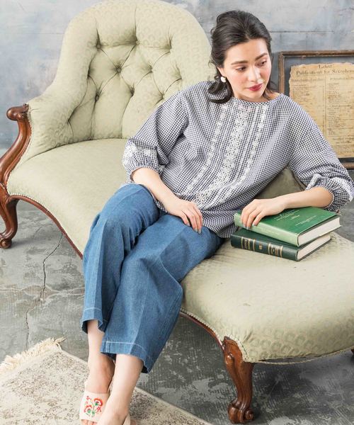 Petit Honfleur（プチオンフルール）の「◇カタログ掲載◇【麻シリーズ】刺しゅうギンガムチェックブラウス（シャツ/ブラウス・レディース・ブラック/ネイビー・11号/9号/13号）」の17枚目の写真