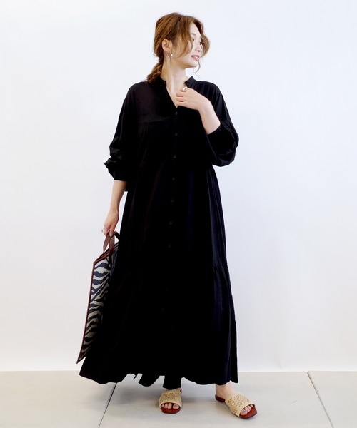 DouDou(ドゥドゥ)の「麻レーヨン切り替えワンピース(ワンピース・レディース・ブラック/サックスブルー・38/36)」の1枚目の写真