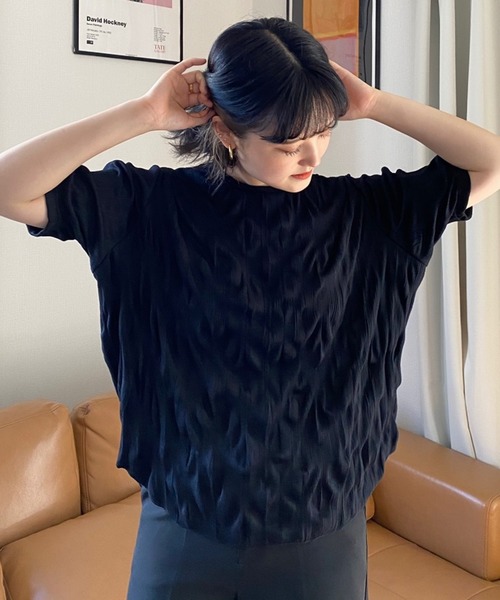 Heather（ヘザー）の「クリンクルリブカットプルオーバーショートスリーブ　887695（Tシャツ/カットソー・レディース・ライトベージュ/アイボリー/ブラック・FREE）」の2枚目の写真