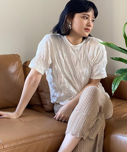 Heather（ヘザー）の「クリンクルリブカットプルオーバーショートスリーブ　887695（Tシャツ/カットソー・レディース・ライトベージュ/アイボリー/ブラック・FREE）」の19枚目の写真