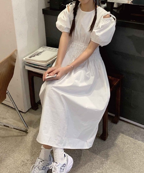 meJane（ミージェーン）の「リボンショルダーボリュームスリーブウエストマークワンピース【ZOZOTOWN限定】（ワンピース・レディース・ホワイト/ライトベージュ/ラベンダー・FREE）」の7枚目の写真