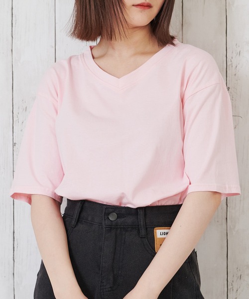 Anuenue（アヌエヌエ）の「レディース Vネックオーバーサイズ半袖Tシャツ（Tシャツ/カットソー・レディース・ホワイト/ピンク/オレンジ/ブルー/グリーン/ダークグレー/クリーム/ライトパープル/ベビーピンク・2L/3L/M/L）」の8枚目の写真