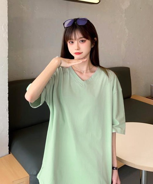 Anuenue（アヌエヌエ）の「レディース Vネックオーバーサイズ半袖Tシャツ（Tシャツ/カットソー・レディース・ホワイト/ピンク/オレンジ/ブルー/グリーン/ダークグレー/クリーム/ライトパープル/ベビーピンク・2L/3L/M/L）」の12枚目の写真