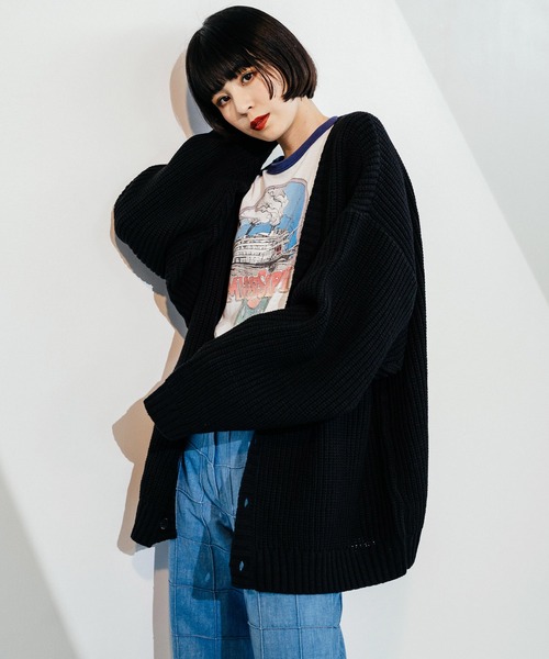 Ressaca（レサーカ）の「畦編み オーバーサイズ ボリュームニットルーズカーディガン（カーディガン/ボレロ・メンズ・ブラック/ブラウン/パープル/グリーン/オフホワイト・M/L）」の2枚目の写真