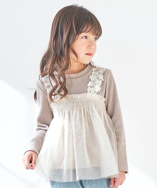 apres les cours（アプレレクール）の「お花レースチュールドッキングトップス（Tシャツ/カットソー・キッズ・ピンク/ベージュ/ミント・110/130/120/90/80/140/100）」の2枚目の写真