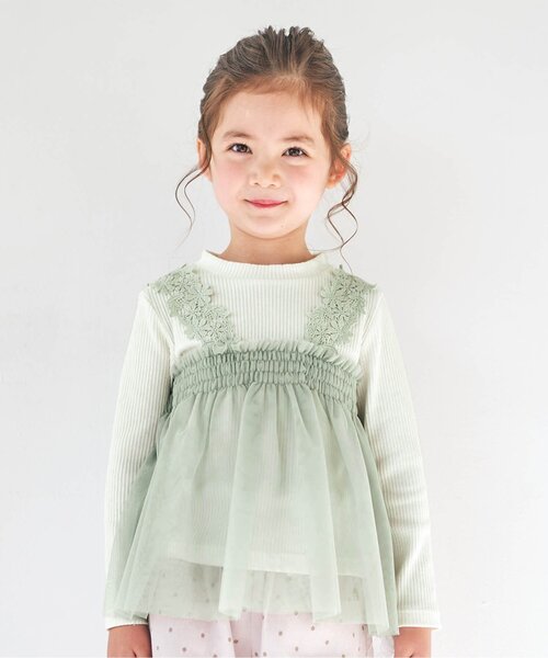apres les cours（アプレレクール）の「お花レースチュールドッキングトップス（Tシャツ/カットソー・キッズ・ピンク/ベージュ/ミント・110/130/120/90/80/140/100）」の3枚目の写真