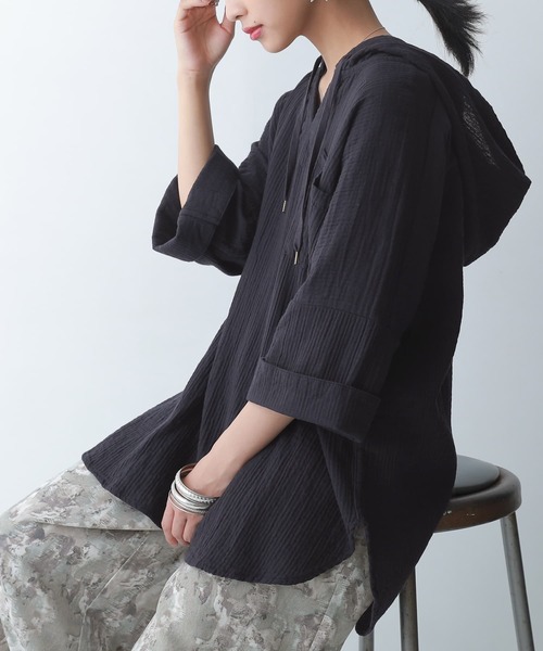 osharewalker（オシャレウォーカー）の「【廃盤】『ダブルガーゼキーネックパーカー』（パーカー・レディース・ネイビー/ブラウン/グリーン/モカ・FREE）」の4枚目の写真