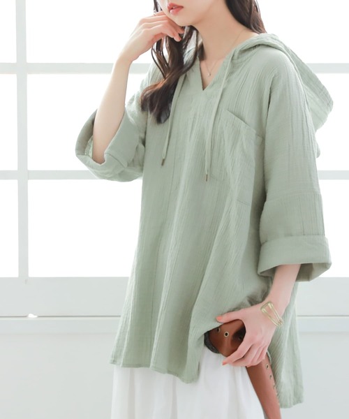 osharewalker（オシャレウォーカー）の「【廃盤】『ダブルガーゼキーネックパーカー』（パーカー・レディース・ネイビー/ブラウン/グリーン/モカ・FREE）」の6枚目の写真