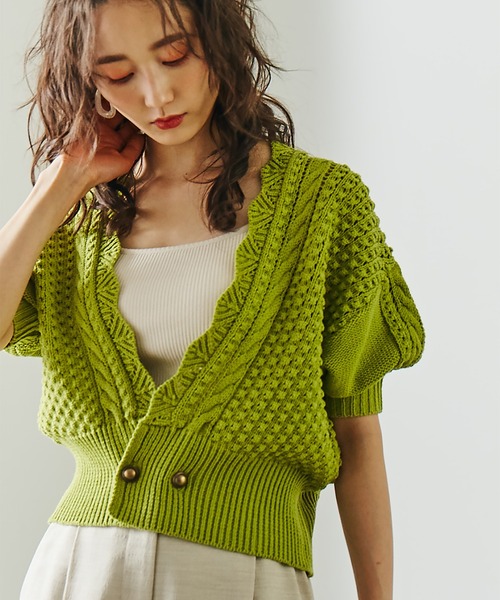 N.（N. Natural Beauty Basic）（エヌエヌナチュラルビューティーベーシック）の「◆ゴールドボタンポコポコ半袖カーディガン（カーディガン/ボレロ・レディース・レッド/オフホワイト/ライトグリーン・MEDIUM）」の3枚目の写真