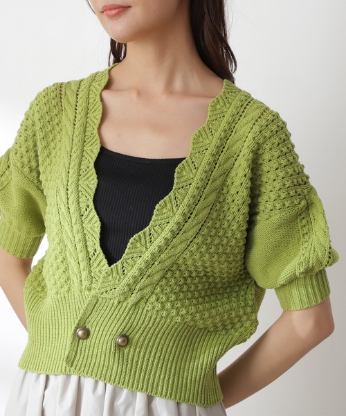 N.（N. Natural Beauty Basic）（エヌエヌナチュラルビューティーベーシック）の「◆ゴールドボタンポコポコ半袖カーディガン（カーディガン/ボレロ・レディース・レッド/オフホワイト/ライトグリーン・MEDIUM）」の4枚目の写真