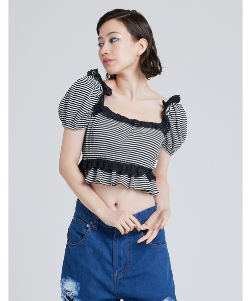 Little sunny bite（リトルサニーバイト）の「Border mini top（Tシャツ/カットソー・レディース・パープル/ブラック/イエロー・FREE）」の2枚目の写真