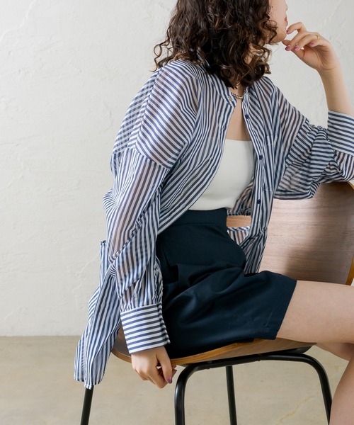 mystic（ミスティック）の「ストライプサイドデザインシャツ（シャツ/ブラウス・レディース・ネイビー/グレー/グリーン・FREE）」の20枚目の写真