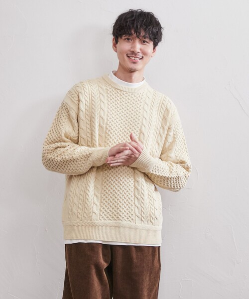 coen（コーエン）の「[洗える]アランケーブルクルーネックニット