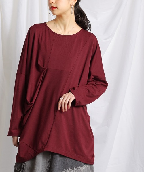 osharewalker（オシャレウォーカー）の「『変形タックドレープロンT』（Tシャツ/カットソー・レディース・ボルドー/ブラック・FREE）」の3枚目の写真