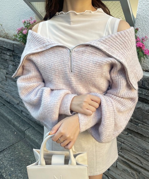 one after another NICE CLAUP(ワンアフターアナザーナイスクラップ)の「ハーフジップセーラーカラーニット(ニット/セーター・レディース・ライトグレー/ピンク/モカ/アイボリー・FREE)」の4枚目の写真
