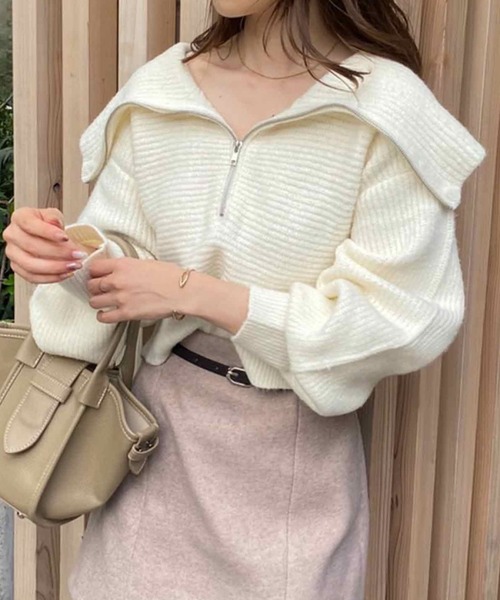 one after another NICE CLAUP(ワンアフターアナザーナイスクラップ)の「ハーフジップセーラーカラーニット(ニット/セーター・レディース・ライトグレー/ピンク/モカ/アイボリー・FREE)」の1枚目の写真