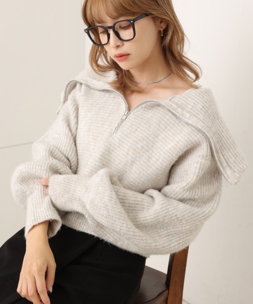 one after another NICE CLAUP(ワンアフターアナザーナイスクラップ)の「ハーフジップセーラーカラーニット(ニット/セーター・レディース・ライトグレー/ピンク/モカ/アイボリー・FREE)」の2枚目の写真