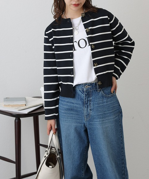 COLONY 2139（コロニートゥーワンスリーナイン）の「エステルヤーンボーダークロップドカーディガン（カーディガン/ボレロ・レディース・ホワイト/ホワイト系その他/ネイビー/ベージュ・FREE）」の16枚目の写真