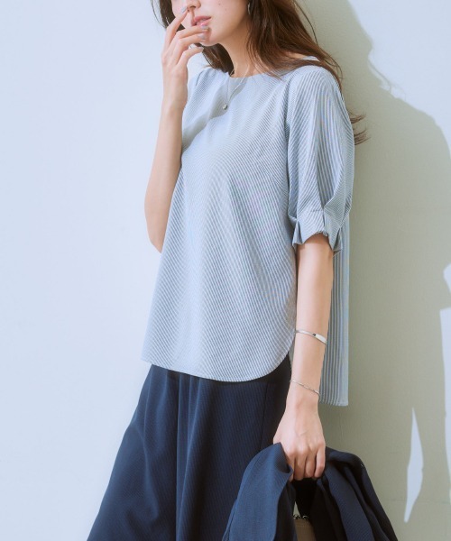 7days Life Styling(セブンデイズライフスタイリング)の「【吸汗速乾】デザインスリーブブラウス(ストレッチコードレーンシリーズ)(シャツ/ブラウス・レディース・ネイビー×ホワイト/ネイビー系・M/L/LL/3L/S)」の15枚目の写真